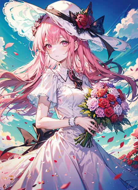 00203-1436051550-((masterpiece, best quality)), 1girl, flower, solo, dress, holding, sky, cloud, hat, outdoors, bangs, bouquet, rose, expressionl.png